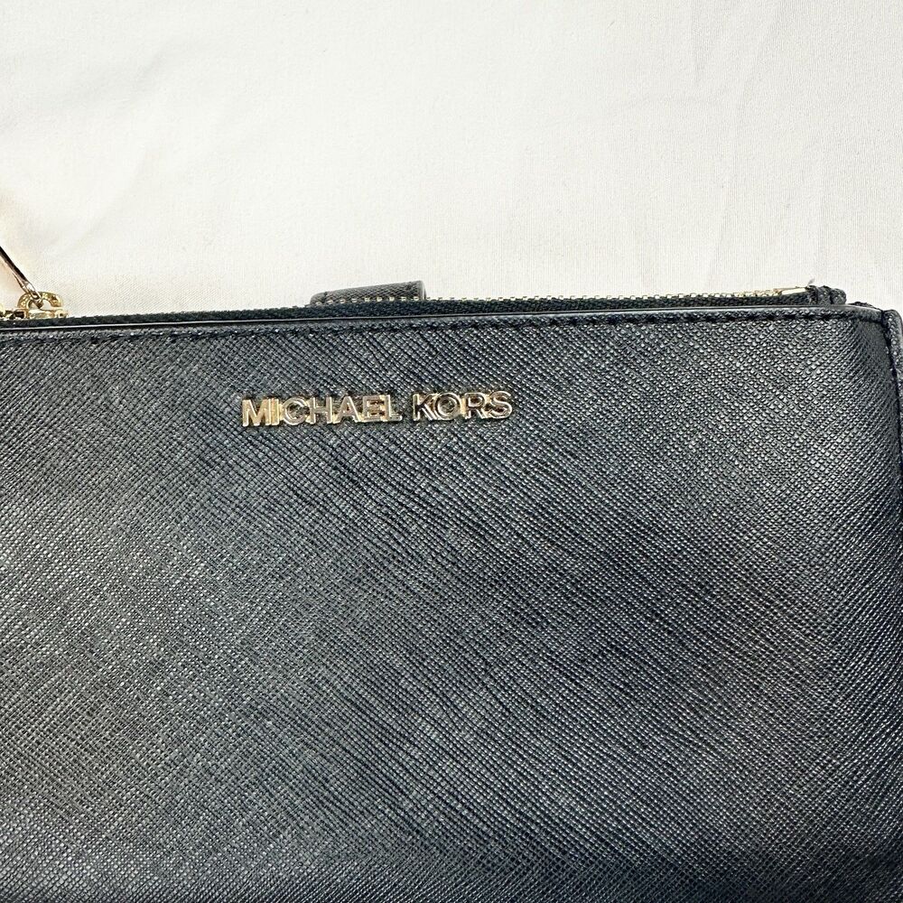 Michael Kors Jet Set Travel Large Saffiano Leather Double Zip Wristlet Black - Picture 2 of 8